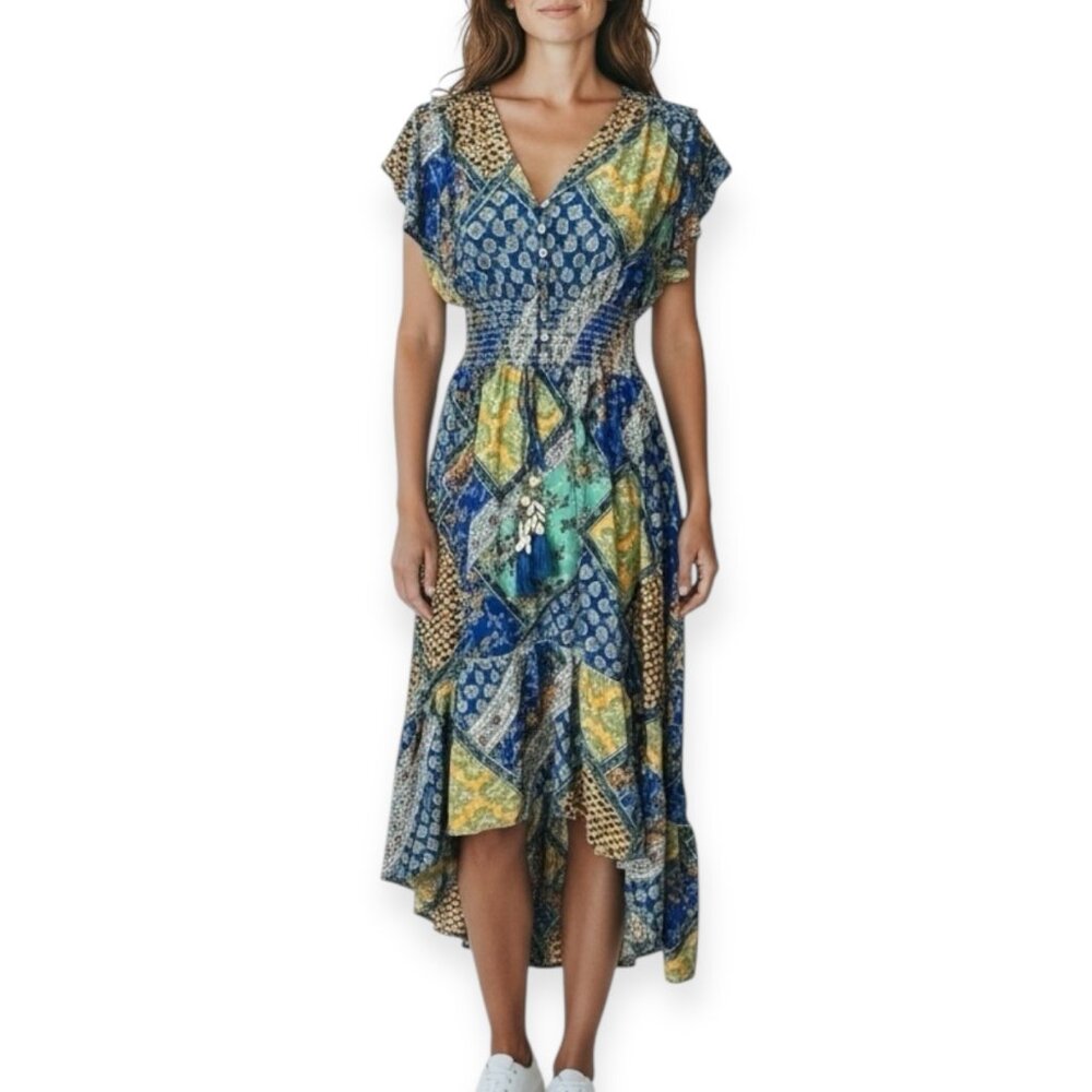 Invisible Women's Boho Dress Multicolor Smock Waist Size L/XL High-Low V-Neck